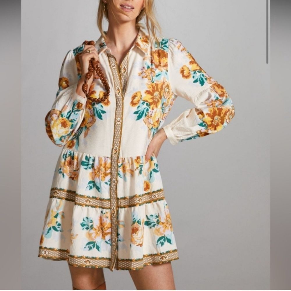Anthropologie Panel Print Long Sleeve Floral Mini Shirt Dress Size XS